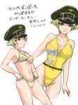  adjusting_clothes adjusting_swimsuit bikini blonde_hair brown_eyes dual_persona erwin_(girls_und_panzer) girls_und_panzer hat one-piece_swimsuit peaked_cap print_swimsuit rinoko short_hair smile standing swimsuit translation_request yellow_bikini yellow_swimsuit 