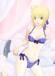  ahoge artoria_pendragon_(all) bed blonde_hair bra fate/stay_night fate_(series) green_eyes panties pillow rit-rit saber short_hair solo underwear underwear_only 