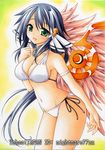  angel_wings bikini black_hair blush breasts cleavage green_eyes kazane_hiyori long_hair looking_at_viewer medium_breasts nightmare77zx open_mouth side-tie_bikini smile solo sora_no_otoshimono swimsuit wings 