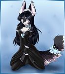  2013 black_fur black_hair black_nose blue_eyes bow breasts canine cleavage clothed clothing dress female fennec fingerless_gloves fox gloves grey_fur hair long_hair looking_at_viewer mrawl panties smile solo stockings underwear white_fur 