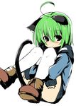  animal_ears blush cat_ears cat_tail dodome-iro_mayonnaise green_hair leg_hug looking_at_viewer original sharon_(dodomayo) short_hair simple_background solo tail white_background 