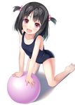  :d arm_support bad_id bad_pixiv_id ball bare_shoulders barefoot black_hair blush breasts exercise_ball hair_bobbles hair_ornament head_tilt highres kinta_(distortion) kneeling one-piece_swimsuit open_mouth original pink_eyes school_swimsuit short_hair simple_background small_breasts smile solo swimsuit two_side_up white_background 