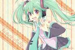  blush detached_sleeves green_eyes green_hair haruki_(colorful_macaron) hatsune_miku long_hair looking_at_viewer necktie open_mouth skirt smile solo twintails very_long_hair vocaloid 