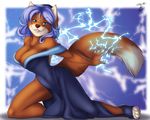  arched_back arms_back blue_eyes blue_hair border breasts canine cleavage clothed clothing electricity evening_gown female fox hair kneeling lightening lightning looking_at_viewer magic mammal off_shoulder purple_dress purple_hair side_slit smile solo spats tygurstar 