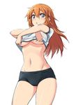  :o blue_eyes blush breasts charlotte_e_yeager long_hair looking_at_viewer medium_breasts michairu navel no_bra open_mouth orange_hair shiny shiny_skin sketch solo sportswear strike_witches sweat underboob undressing world_witches_series 