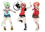  absurdres animal_ears blush brown_hair cat_ears cat_tail character_request dodome-iro_mayonnaise dodome_mayo green_hair highres looking_at_viewer multiple_girls open_mouth original sharon_(dodomayo) short_hair short_shorts shorts simple_background skirt smile tail white_background 