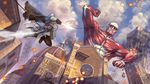  assassin's_creed_(series) assassin's_creed_ii battle blade boots building cable cape cloud colossal_titan crossover destruction dome dual_wielding ezio_auditore_da_firenze gloves holding hood shingeki_no_kyojin sky sunsetagain sword three-dimensional_maneuver_gear weapon 