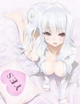  all_fours barefoot blush breasts cleavage dress_shirt highres idolmaster idolmaster_(classic) katoma large_breasts long_hair long_sleeves open_clothes open_mouth open_shirt pillow purple_eyes shijou_takane shirt solo white white_hair yes yes-no_pillow 
