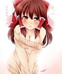  bare_shoulders blush bow breasts brown_hair cleavage hair_bow hair_tubes hakurei_reimu haruki_(colorful_macaron) large_breasts looking_at_viewer naked_sweater off-shoulder_sweater open_mouth solo sweater touhou translation_request 