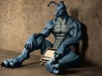  3d abs alien antennae anthro biceps big_muscles blue_body blue_skin brown_eyes cgi claws darkwargreymon_(artist) domo_(ben300) male muscles nude pecs pose scales sitting solo toe_claws vein 
