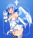  ;d angel_wings asymmetrical_wings blue blue_eyes blue_hair blush boots breasts cleavage copyright_name cross dress elbow_gloves gloves medium_breasts milk nanael one_eye_closed open_mouth queen's_blade ribbon round_teeth short_hair smile solo teeth thigh_boots thighhighs waving wings yu_3 