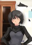  amagami black_cat black_hair blush camisole camisole_over_clothes cat closed_eyes hands_on_hips murasaki_iro nanasaki_ai puu_(amagami) short_hair turtleneck 