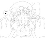  :d absurdres ascot blush eighth_note fang flandre_scarlet greyscale haruki_(colorful_macaron) hat hat_ribbon highres lineart looking_at_viewer monochrome musical_note open_mouth ribbon short_hair side_ponytail smile solo speech_bubble spoken_musical_note touhou wings 