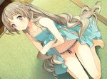  1girl akinashi_yuu bare_shoulders barefoot blush dress feet flat_chest game_cg grey_hair highres kiba_mifuyu kneeling koi_to_senkyo_to_chocolate legs long_hair looking_at_viewer panties purple_eyes solo thighs toes underwear 