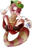  animal_ears bell brown_eyes brown_hair clog_sandals dairi full_body futatsuiwa_mamizou glasses gourd hand_behind_head hat highres kiseru notepad pipe raccoon_ears raccoon_tail sandals semi-rimless_eyewear skirt smile tail touhou transparent_background under-rim_eyewear 