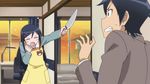  angry animated animated_gif apron aragaki_ayase black_hair blush clenched_teeth knife kousaka_kyousuke lowres ore_no_imouto_ga_konna_ni_kawaii_wake_ga_nai shouting sweatdrop teeth 