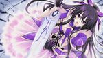  1girl armor date_a_live highres long_hair looking_at_viewer open_mouth ponytail purple_eyes purple_hair skirt solo sword weapon yatogami_tooka 