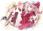  adapted_costume blonde_hair boots bow cierra_(ra-bit) cross-laced_footwear fang flandre_scarlet flower hand_in_hair hat hat_bow knee_boots laevatein mob_cap open_mouth puffy_sleeves red_skirt ribbon short_sleeves side_ponytail skirt solo touhou wings 