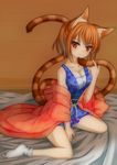  animal_ears blush breasts brown_hair cat_ears cat_tail cleavage highres japanese_clothes kimono large_breasts minaha_(playjoe2005) multiple_tails nekomata_(shikihime_zoushi) obi red_eyes sash shikihime_zoushi short_hair sitting smile solo tail 