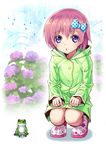  bad_id bad_pixiv_id boots bow chestnut_mouth child frog hair_bow junnkinn original pink_hair polka_dot polka_dot_bow purple_eyes raincoat ribbon rubber_boots short_hair solo 