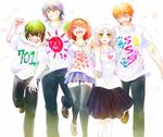  3boys angel_beats! blue_hair closed_eyes green_hair hinata_(angel_beats!) long_hair managi multiple_boys multiple_girls naoi_ayato orange_hair otonashi_(angel_beats!) purple_hair shirt short_hair t-shirt tenshi_(angel_beats!) thighhighs white_hair yellow_eyes yuri_(angel_beats!) 