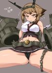  1girl bare_shoulders black_panties blush breasts brown_hair cameltoe chains clitoris covered_nipples erect_clitoris erect_nipples frown gloves green_eyes grey_background highres kantai_collection large_breasts looking_at_viewer maru_(maruttona) midriff mutsu_(kantai_collection) navel panties pantyshot personification short_hair sitting skirt solo underwear upskirt 