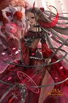  a's_wonderland braid copyright_name dress flower hair_ornament highres looking_at_viewer looking_back magic_circle mizushirazu open_mouth petals red red_eyes rose skull solo staff thorns 