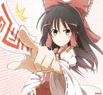  ascot black_hair bow detached_sleeves dress grey_eyes hair_bow hair_tubes hakurei_reimu hand_on_hip long_hair long_sleeves looking_at_viewer ofuda outstretched_arm outstretched_hand red_dress smile solo spell_card touhou wide_sleeves yutamaro 