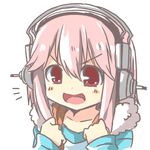  blush dodome-iro_mayonnaise headphones lowres nitroplus open_mouth pink_hair short_hair simple_background smile solo super_sonico white_background 