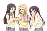  akiyama_mio bad_id bad_pixiv_id black_border black_eyes black_hair blonde_hair blue_eyes border brown_eyes cake food fruit gift k-on! kannuki_hisui kotobuki_tsumugi long_hair multiple_girls nakano_azusa open_mouth pleated_skirt round_teeth sakuragaoka_high_school_uniform school_uniform simple_background skirt strawberry strawberry_shortcake sweater_vest teeth twintails white_background 