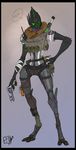  armor blade claws digitigrade english_text female green_eyes gun knife leather lethal_doors long_legs mass_effect military plain_background ranged_weapon revolver shemagh solo text turian vest weapon 