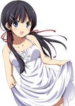  ashitano_asuka bad_id bad_pixiv_id black_hair blue_eyes blush dress dress_lift hair_ornament hair_ribbon hairclip long_hair mikakunin_mirai_kei_shoujo_asuka open_mouth ragho_no_erika ribbon smile solo sundress 