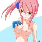  1girl bare_shoulders blue_background blue_eyes blush breasts cleavage erect_nipples fuuro_(pokemon) gloves gym_leader hair_bun hair_ornament hair_over_one_eye hand_on_breasts kurobe looking_at_viewer medium_breasts naked nintendo nipples nude pokemon pokemon_(game) pokemon_bw pokemon_bw2 red_hair signature simple_background smile solo white_background 