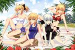  ahoge arm_garter artoria_pendragon_(all) bandeau bare_shoulders barefoot beach bikini black_swimsuit blonde_hair blue_swimsuit blush bow breasts casual_one-piece_swimsuit cleavage competition_swimsuit covered_navel day fate/extra fate/stay_night fate/unlimited_codes fate_(series) flower food fork fruit green_eyes hair_bow hibiscus medium_breasts mouth_hold multiple_girls nero_claudius_(fate) nero_claudius_(fate)_(all) one-piece_swimsuit pale_skin plate ponytail popsicle red_swimsuit riyun_(halodark) saber saber_alter saber_lily short_hair sitting smile swimsuit thighhighs white_hair white_swimsuit yellow_eyes 