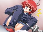  1girl aqua_closed aqua_eyes blush fingering masturbation pussy red_hair sakurazuka_kaoru short_hair solo squat_toilet yin-yang_x-change_alternative 