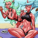  2girls beach beach_towel bikini black_bikini blue_hair breasts cleavage covered_nipples cum cum_on_body cum_on_breasts cum_on_clothes cum_on_food cum_on_upper_body cup day disembodied_penis drinking_glass eyelashes fangs food glasses green_eyes green_hair hetero horn horns indian_style jewelry kneeling kneesocks_(psg) large_breasts long_hair multiple_boys multiple_girls multiple_penises navel necklace oekaki panty_&amp;_stocking_with_garterbelt pearl_necklace penis pointy_ears ponytail ragathol red_skin scanty_(psg) semi-rimless_eyewear siblings sideboob sisters sitting slingshot_swimsuit sushi swimsuit tankini toned towel under-rim_eyewear wine_glass 