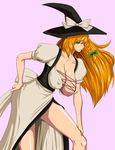  1girl adult areola_slip areolae bow braid breasts cleavage dress green_eyes hair_bow hanging_breasts hat hat_bow kirisame_marisa large_breasts leaning long_hair looking_at_viewer ml nipple_slip nipples older orange_hair pink_background side_ponytail simple_background solo touhou witch witch_hat 