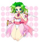  :d arm_warmers bare_shoulders blue_eyes blush body_blush bow breasts character_name choker cleavage collarbone covered_navel dagger dual_wielding earrings ellis_(toushinden) eyebrows eyelashes facing_away gem green_hair hair_intakes highleg highleg_leotard holding holding_dagger holding_weapon jewelry knees_together_feet_apart leg_warmers leotard looking_away looking_up medium_breasts no_bra open-mail open_mouth pink_background pink_bow polka_dot polka_dot_background ribbon sash shiny shiny_skin shoes short_hair sidelocks smile solo tareme tongue toushinden weapon white_footwear white_leotard 