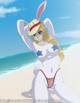  4th_of_july arms_behind_head beach blonde_hair blue_eyes breasts clothed clothing desingahv female fur hair hat lagomorph lapine looking_at_viewer mammal navel panties rabbit sand seaside skimpy stars underwear water white_fur 