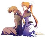  blue_eyes brown_hair dress fingerless_gloves gloves hair_ribbon kneeling long_hair lyrical_nanoha magical_girl mahou_shoujo_lyrical_nanoha mahou_shoujo_lyrical_nanoha_a's mahou_shoujo_lyrical_nanoha_a's_portable:_the_battle_of_aces mahou_shoujo_lyrical_nanoha_strikers material-s multiple_girls purple_dress ribbon short_hair side_ponytail smile takamachi_nanoha takana white_dress 