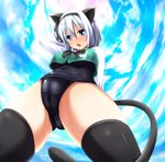  animal_ears black_hairband black_school_swimsuit blue_eyes blush cameltoe cat_ears cat_tail cloud day evandragon hair_ribbon hairband highres kemonomimi_mode konpaku_youmu long_sleeves one-piece_swimsuit open_mouth ribbon school_swimsuit short_hair silver_hair sky solo swimsuit swimsuit_under_clothes tail thighhighs touhou vest 