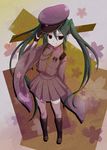  adjusting_clothes adjusting_hat black_eyes boots cross-laced_footwear green_hair hat hatsune_miku highres knee_boots lace-up_boots long_hair manmaru_tamago medal peaked_cap pink_legwear senbon-zakura_(vocaloid) skirt smile solo thighhighs twintails very_long_hair vocaloid 