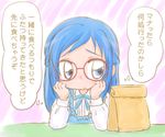 blue_eyes blue_hair blush chin_rest dokidoki!_precure glasses hishikawa_rikka long_hair precure sad solo thinking translation_request yoshimi50 
