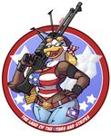  4th_of_july anthro armpits avian bandanna beak belt belt_buckle big_breasts bipedal bird blonde_hair blue_eyes breasts brown_fur circle cleavage closed_legs clothed clothing crop_top digital_media_(art) eagle eyewear female front_view fur gun hair hand_on_hip happy holding jaeh looking_at_viewer looking_away m60 machine_gun midriff non-mammal_breasts open_mouth open_smile pants plain_background pose proud ranged_weapon shirt solo spiked_bracelet standing stars stars_and_stripes stripes studded_bracelet sunglasses tank_top text thick_thighs thigh_gap three-quarter_portrait three-quarter_view weapon white_background white_fur wide_hips 