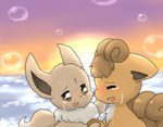  blush brown_eyes brown_fur bubble bubbles canine crying duo eevee eyes_closed feral fox fur horizon mammal multiple_tails nintendo open_mouth outside pok&#233;mon pok&eacute;mon sea sky smile sun tears video_games vulpix watabosi water 