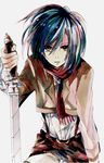  bad_id bad_pixiv_id black_hair brown_eyes jacket mikasa_ackerman paradis_military_uniform pomeko scarf shingeki_no_kyojin short_hair solo sword weapon 