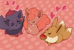  ambiguous_gender apple basket blush brown_fur canine dagasi eevee eyes_closed feral flower food fox fruit fur group mammal multiple_tails nintendo pink_background plain_background pok&#233;mon pok&eacute;mon rose sitting smile tailwag video_games vulpix zorua 