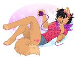  ascot black_hair blush bow breasts brown_eyes cat clothed clothing cute etuix feline female hair hindpaw mammal one_eye_closed paws shorts toes yarn 