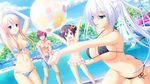  1boy 3girls absurdres akashi_(gensou_no_idea) armpits arms_up ball beachball bikini blonde_hair blue_eyes bouncing_breasts breasts cloud clouds flower game_cg gensou_no_idea:_oratorio_phantasm_historia green_eyes hair_flower hair_ornament highres himawari_(gensou_no_idea) huge_breasts kenzaki_noel kujou_mitsuki large_breasts long_hair looking_at_viewer medium_breasts multiple_girls navel playing pool purple_hair red_hair short_hair sky smile standing sunflower swimsuit water white_hair 