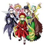  blonde_hair blue_eyes bonnet bow cane cross drill_hair everyone flower flying_sweatdrops gothic_lolita green_eyes green_hair hat hina_ichigo ichikawa_masahiro inverted_cross kanaria lolita_fashion long_hair mary_janes multiple_girls orange_hair pink_bow red_eyes rose rozen_maiden shinku shoes shorts silver_hair simple_background souseiseki suigintou suiseiseki sword twintails very_long_hair weapon 